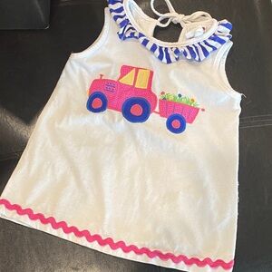 Girls White Tank Top with Pink Tractor Applique and Striped Ruffle Collar